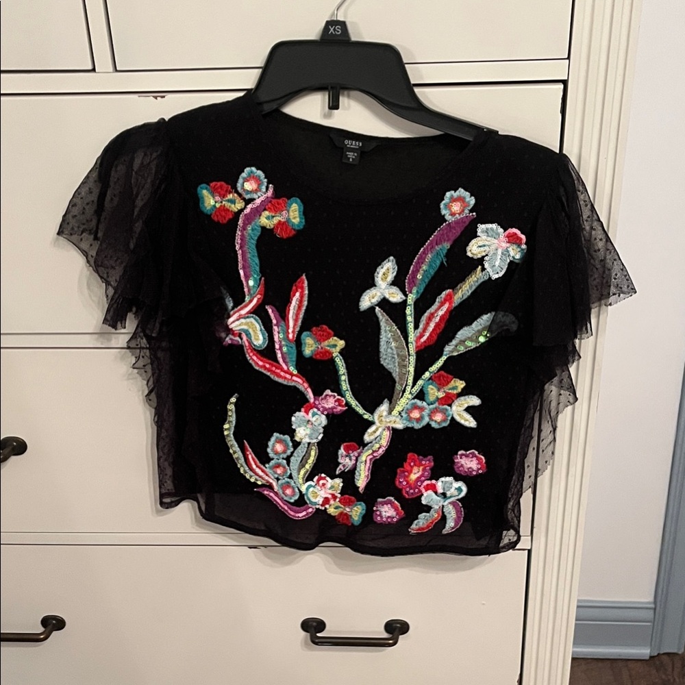 Black embroidered crop top
